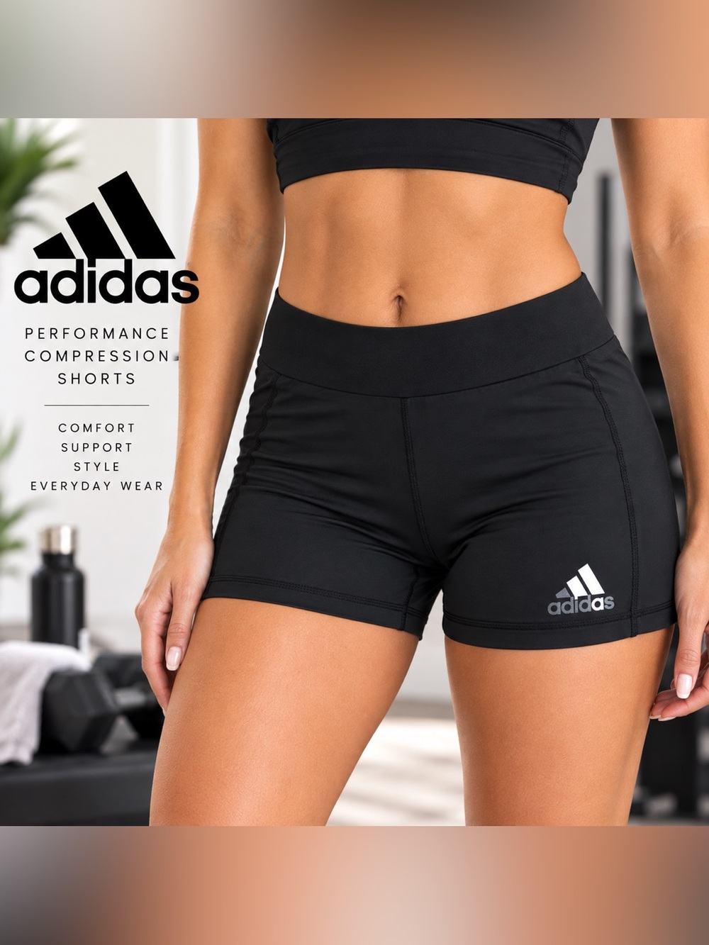 Adidas Women’s Black Compression Athletic Shorts Dark Gray White Logo Sz.M